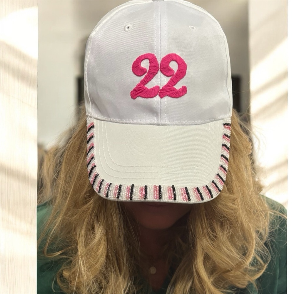 Swiftie-Inspired White Baseball Cap with Beaded Brim & Hot Pink 22